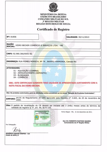 Certificado Becker Blindagens